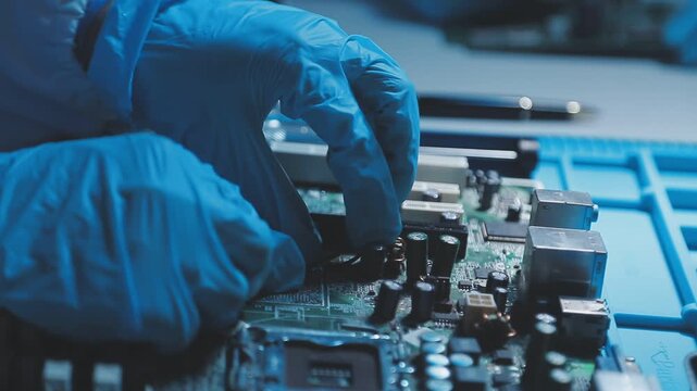 A close-up view of a technician wearing black gloves holding a computer processor chip while working on a laptop motherboard with a precision screwdriver.