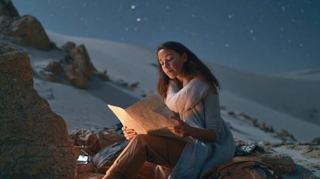 Adventurous woman studies a map beside a glowing campfire in a vast desert at night, her focused expression lit by warm firelight on face and hands.