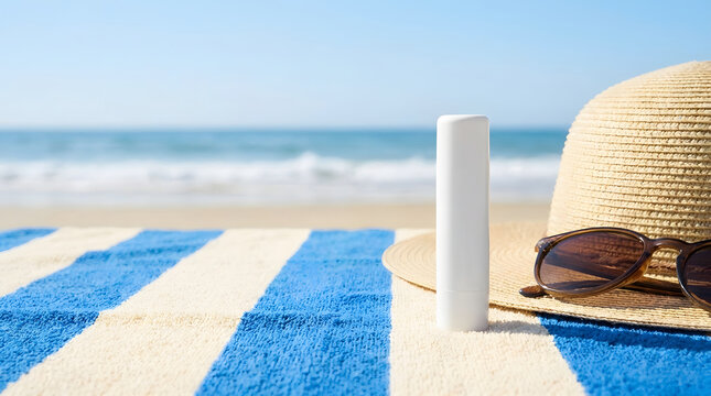 White SPF lip balm standing on a striped beach towel with sunglasses and a straw hat near the sea, showing summer skincare and vacation essentials