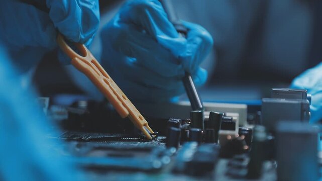 A close-up view of a technician wearing black gloves holding a computer processor chip while working on a laptop motherboard with a precision screwdriver.