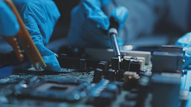 A close-up view of a technician wearing black gloves holding a computer processor chip while working on a laptop motherboard with a precision screwdriver.