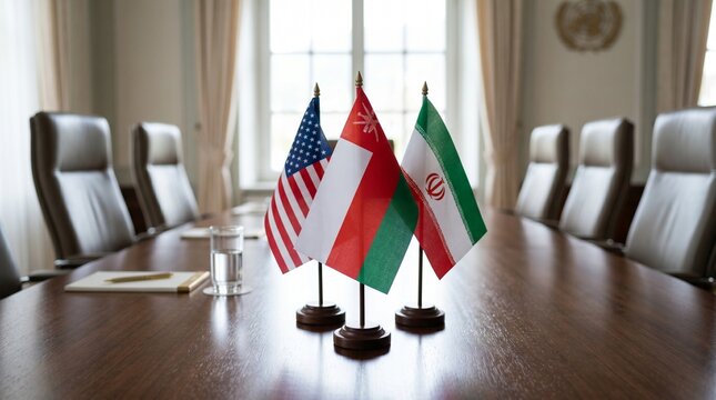 Flags of usa, oman and iran on conference table. International diplomacy and negotiation summit. Mediation, nuclear agreement discussion, global politics and foreign relations concept.
