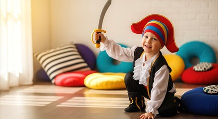 Fototapeta premium Joyful young boy in pirate costume holding toy sword, playing in a bright, colorful room with cushions and sunlight