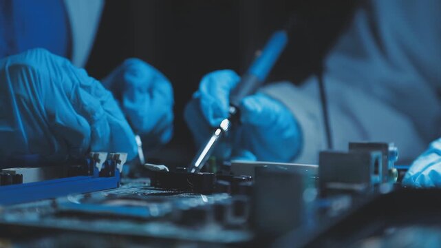 A close-up view of a technician wearing black gloves holding a computer processor chip while working on a laptop motherboard with a precision screwdriver.