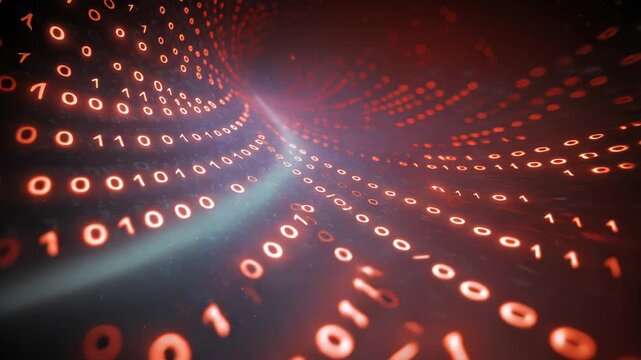 neon binary tunnel with swirling vortex glowing data points and motion blur suggesting rapid ai transfer across cyber network and metaverse gateway futuristic