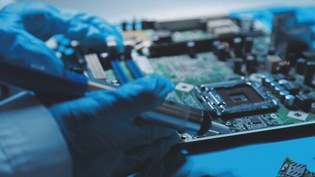 A close-up view of a technician wearing black gloves holding a computer processor chip while working on a laptop motherboard with a precision screwdriver.