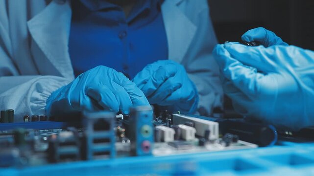 A close-up view of a technician wearing black gloves holding a computer processor chip while working on a laptop motherboard with a precision screwdriver.