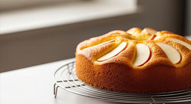 Golden baked apple cake cooling on rack in warm kitchen light, perfect for recipe blogs and food magazines