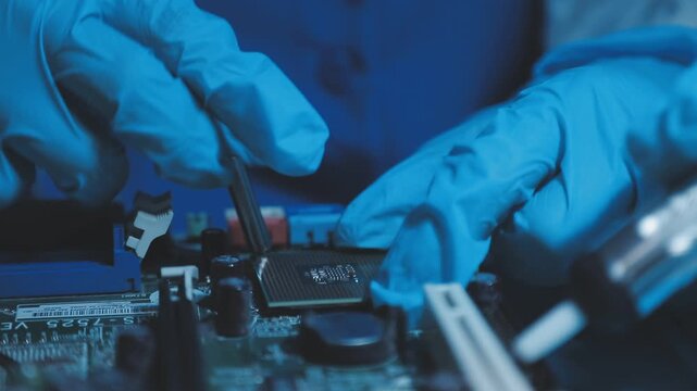 A close-up view of a technician wearing black gloves holding a computer processor chip while working on a laptop motherboard with a precision screwdriver.