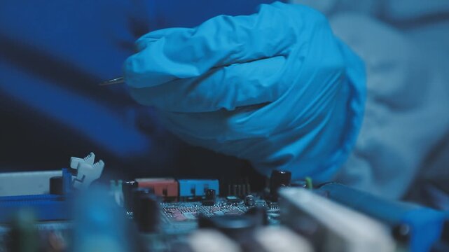 A close-up view of a technician wearing black gloves holding a computer processor chip while working on a laptop motherboard with a precision screwdriver.