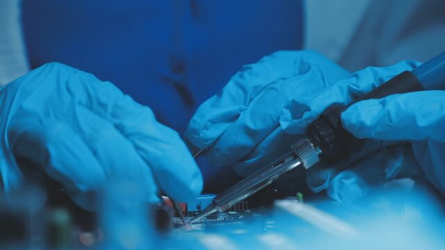 A close-up view of a technician wearing black gloves holding a computer processor chip while working on a laptop motherboard with a precision screwdriver.
