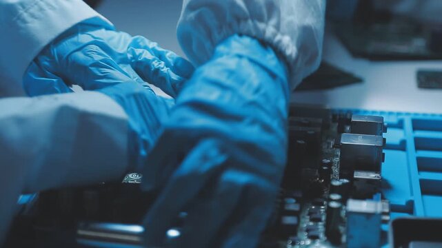 A close-up view of a technician wearing black gloves holding a computer processor chip while working on a laptop motherboard with a precision screwdriver.
