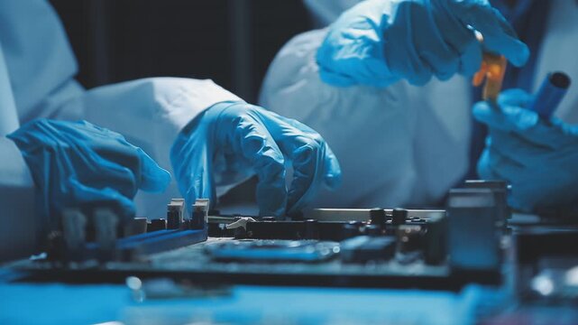 A close-up view of a technician wearing black gloves holding a computer processor chip while working on a laptop motherboard with a precision screwdriver.