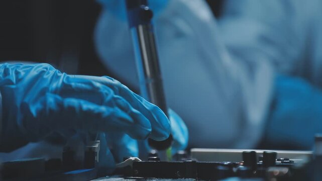 A close-up view of a technician wearing black gloves holding a computer processor chip while working on a laptop motherboard with a precision screwdriver.