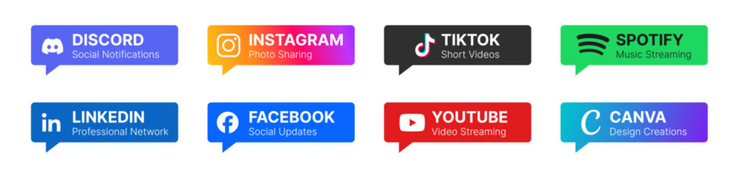 Social media notification badges and social platform label UI kit featuring Discord, Instagram, TikTok, Spotify, LinkedIn, Facebook, YouTube and Canva branding elements.