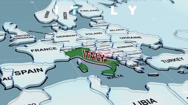 A 3D political map of Europe highlighting ITALY, Italy map, Nearby countries like Spain, Germany, and France, Western Europe, Europe map,