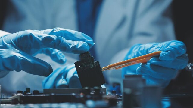 A close-up view of a technician wearing black gloves holding a computer processor chip while working on a laptop motherboard with a precision screwdriver.