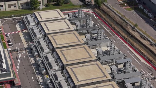 Modern hyperscale data center campus near Milan, Italy used for cloud infrastructure, AI computing and large scale digital storage services.