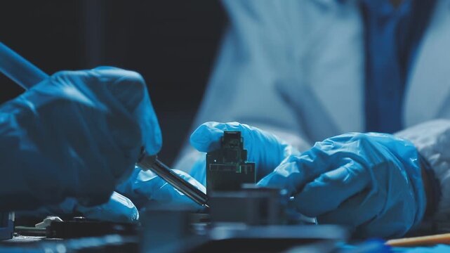 A close-up view of a technician wearing black gloves holding a computer processor chip while working on a laptop motherboard with a precision screwdriver.