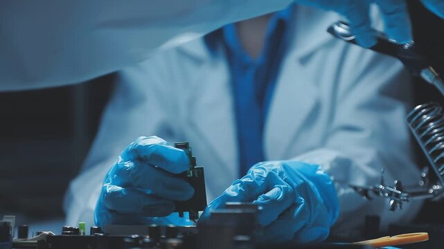 A close-up view of a technician wearing black gloves holding a computer processor chip while working on a laptop motherboard with a precision screwdriver.