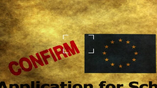 Confirmed Schengen Visa Application Form with EU Flag on Vintage Paper Background