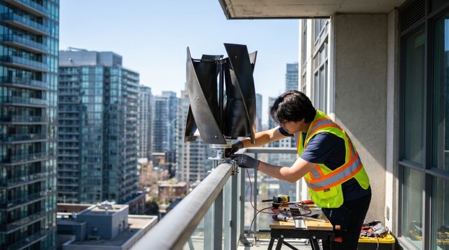 Technician installing compact vertical axis wind turbine on city apartment balcony
