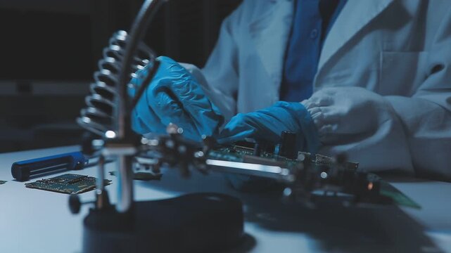 A close-up view of a technician wearing black gloves holding a computer processor chip while working on a laptop motherboard with a precision screwdriver.