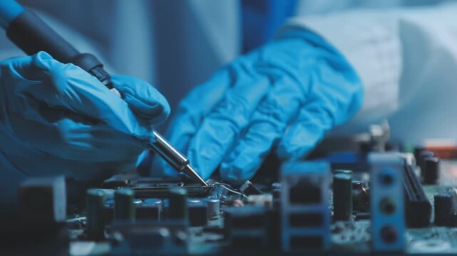 A close-up view of a technician wearing black gloves holding a computer processor chip while working on a laptop motherboard with a precision screwdriver.