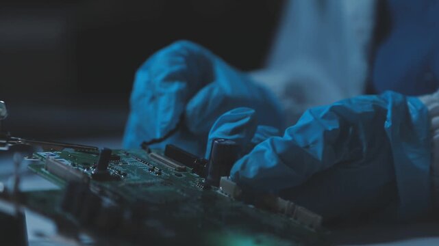 A close-up view of a technician wearing black gloves holding a computer processor chip while working on a laptop motherboard with a precision screwdriver.