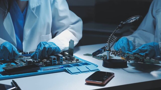 A close-up view of a technician wearing black gloves holding a computer processor chip while working on a laptop motherboard with a precision screwdriver.