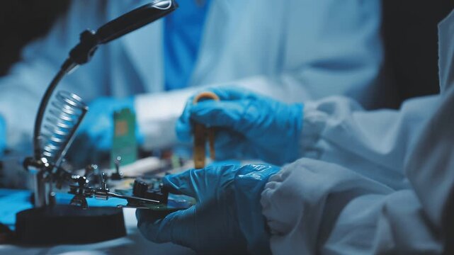 A close-up view of a technician wearing black gloves holding a computer processor chip while working on a laptop motherboard with a precision screwdriver.