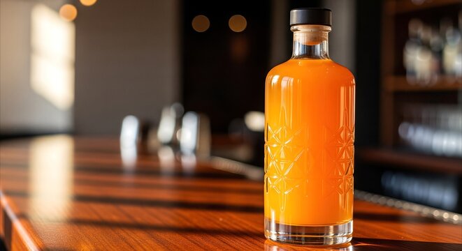 Orange Liqueur Bottle with Textured Glass and Cork Stopper on Polished Bar Counter, Golden Hour Backlight