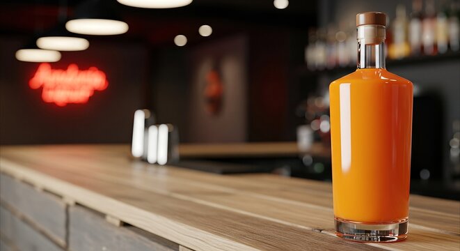 Orange Liqueur Bottle on Rustic Bar Counter with Neon Signage - Ambiance and Copy Space