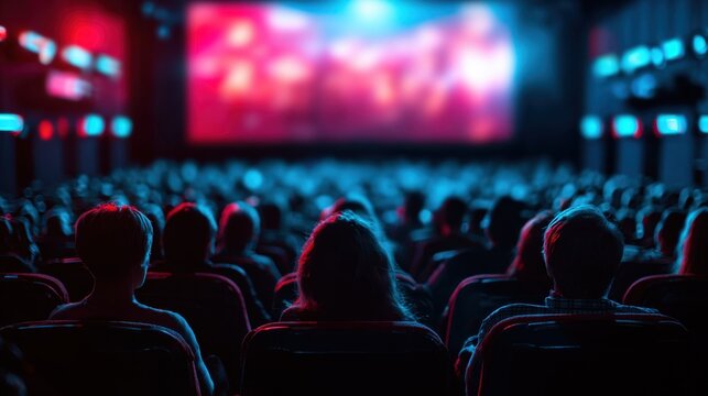 Audience watching an immersive movie experience in a dimly lit theater with vibrant colorful screen and rows of seats filled with attentive viewers