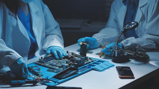 A close-up view of a technician wearing black gloves holding a computer processor chip while working on a laptop motherboard with a precision screwdriver.