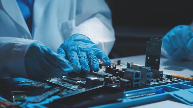 A close-up view of a technician wearing black gloves holding a computer processor chip while working on a laptop motherboard with a precision screwdriver.