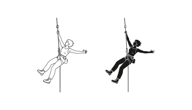 Person rappelling down rope with harness and carabiner dynamic descent illustration line art and silhouette vector graphics