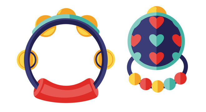Pair of blue baby toys including a tambourine with yellow cymbals and a rattle with colorful hearts and beads.