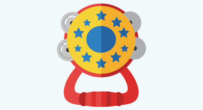 Red handled baby tambourine toy with blue stars on a yellow face and silver cymbals for infant musical fun.