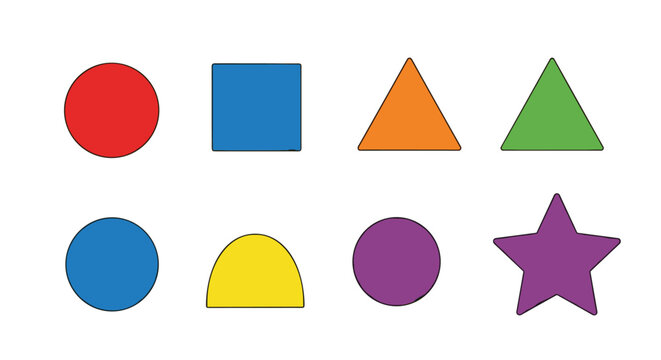 Collection of eight colorful geometric shapes arranged in two rows including circle square triangle and star for educational learning.