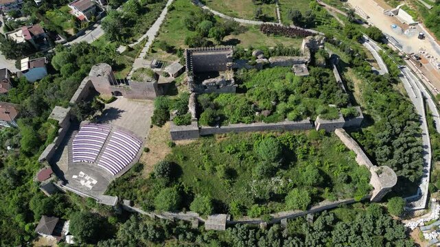 A drone view of the historic Eskihisar Castle in Gebze, Kocaeli, Turkey.