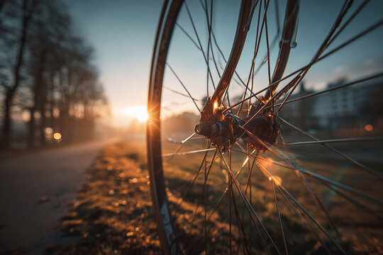Minimalist deep golden hour sunset bicycle wheel metallic spoke texture background &ndash; modern cinematic aesthetic design for outdoor lifestyle advertising, active travel brand identity and social