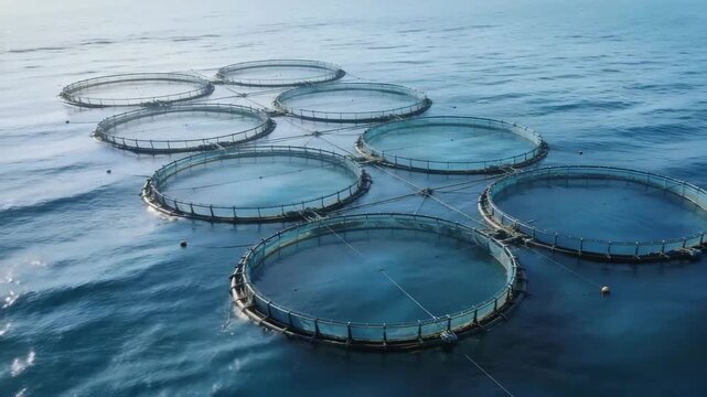 circular fish farm fences aquaculture cages floating on deep blue water zoom our