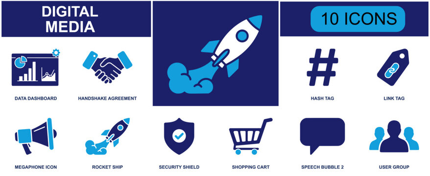 Digital media icon set. Containing data dashboard, handshake, hash tag, link tag, megaphone, rocket ship, security shield, shopping cart, speech bubble and more. Solid fill vector icons.
