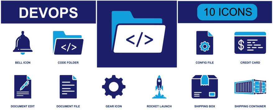 DevOps icon set. Containing code folder, config file, document edit, document file, gear, rocket launch, shipping box, shipping container, bell and more. Solid fill vector icons set.