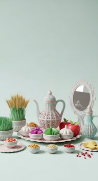 Novruz holiday table setting with traditional elements and fresh sprouts.