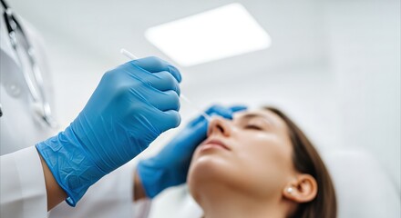 Fototapeta premium Medical professional performs nasal swab test on patient in sterile clinic for health screening and diagnosis