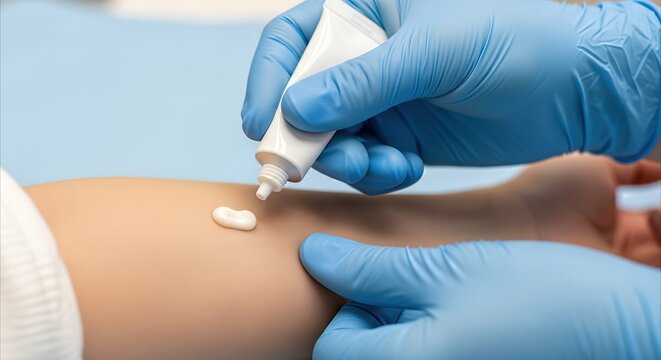 Doctor's gloved hand applies cream from tube to patient's arm, offering medical care and treatment.