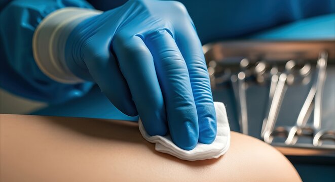 Healthcare professional's gloved hand sanitizes skin with cotton pad, preparing for medical procedure in sterile clinic
