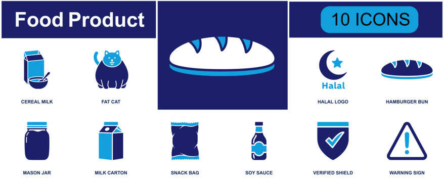 Food product icon set containing cereal milk, cat food, halal logo, hamburger bun, mason jar, milk carton, snack bag, soy sauce, verified shield and more, solid fill vector icons.